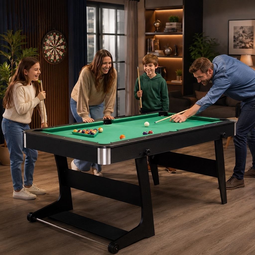 Familia jugando billar en Mesa 3 en 1 Juegos Tacho
