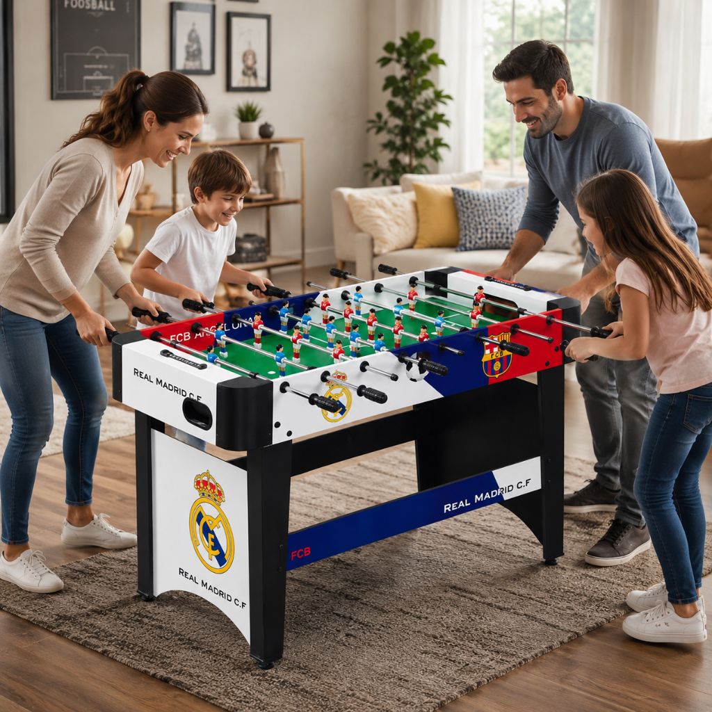 Familia feliz jugando futbolín Juegos Tacho