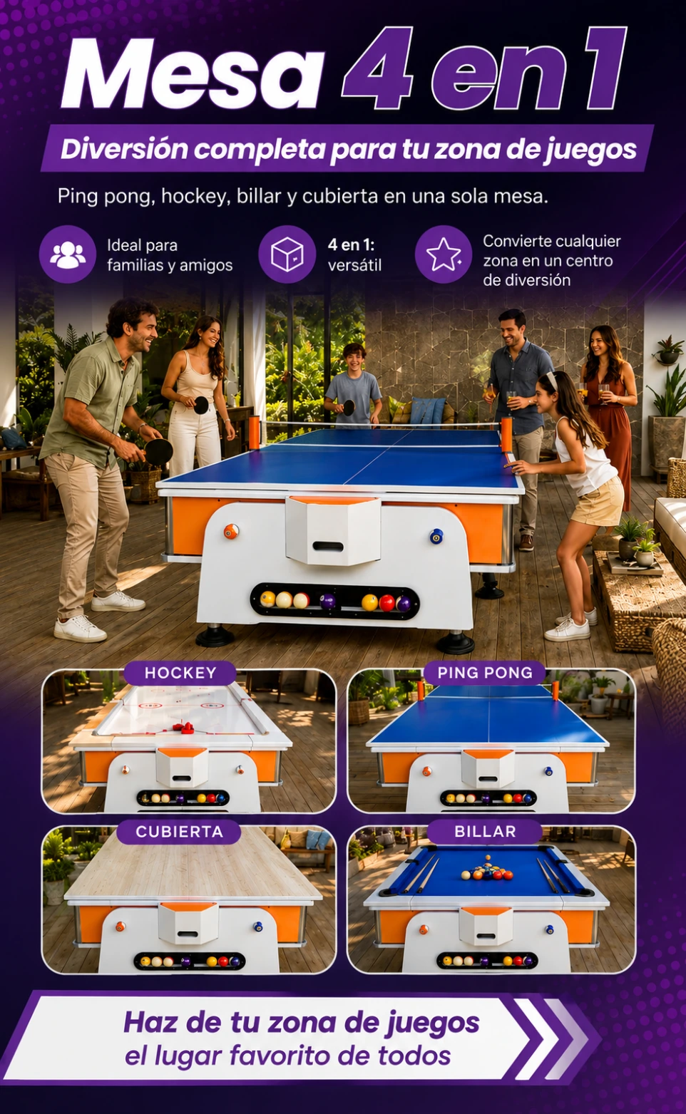 Mesa multijuegos 4 en 1 en mdf para divertirse en familia