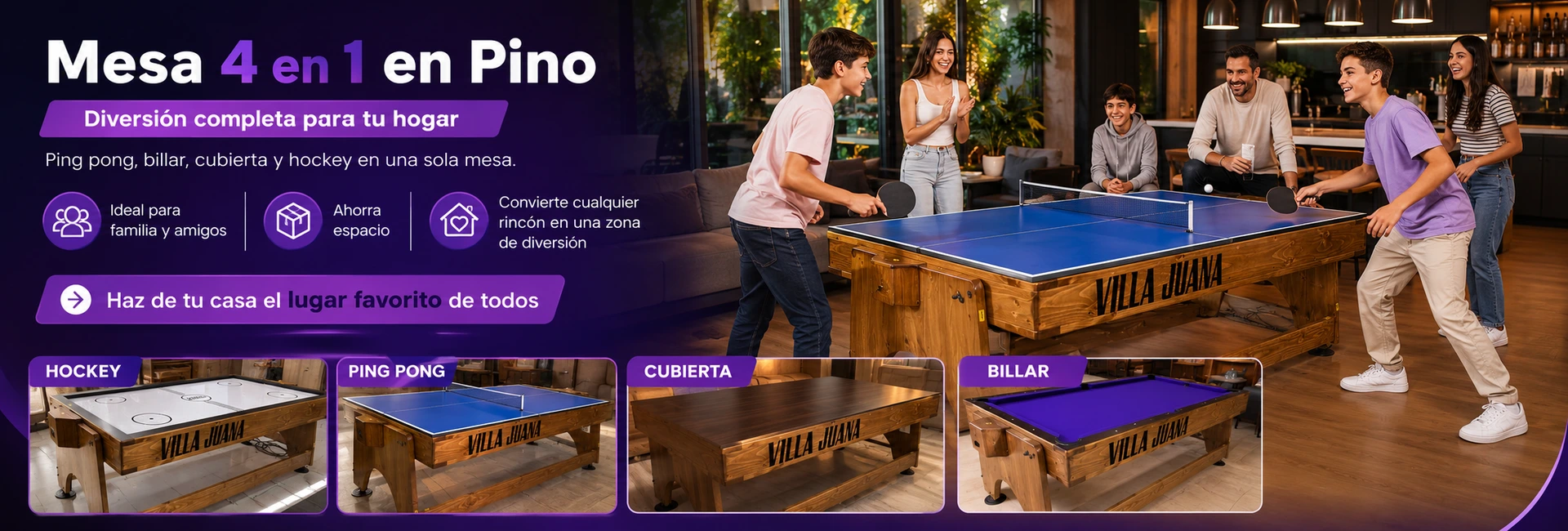 Mesa multijuegos 4 en 1 en pino