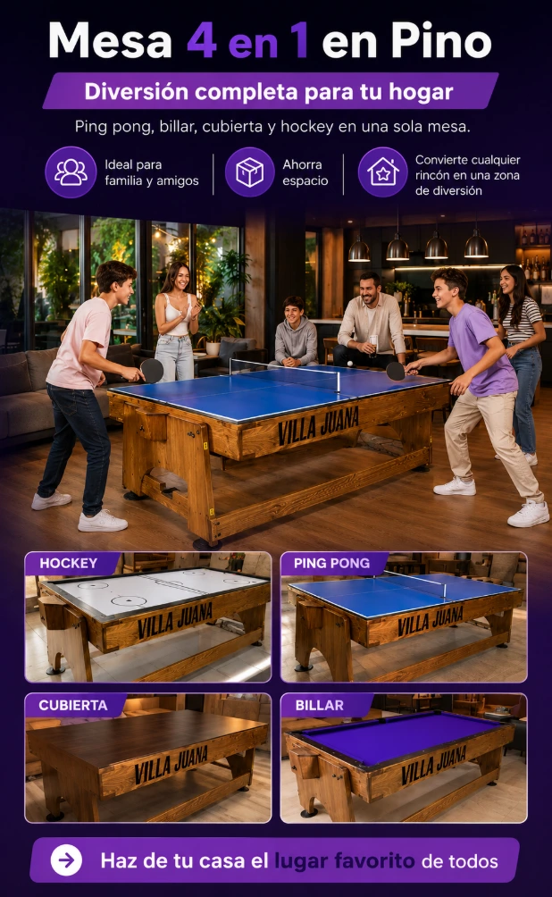 Mesa multijuegos 4 en 1 en pino para divertirse en familia